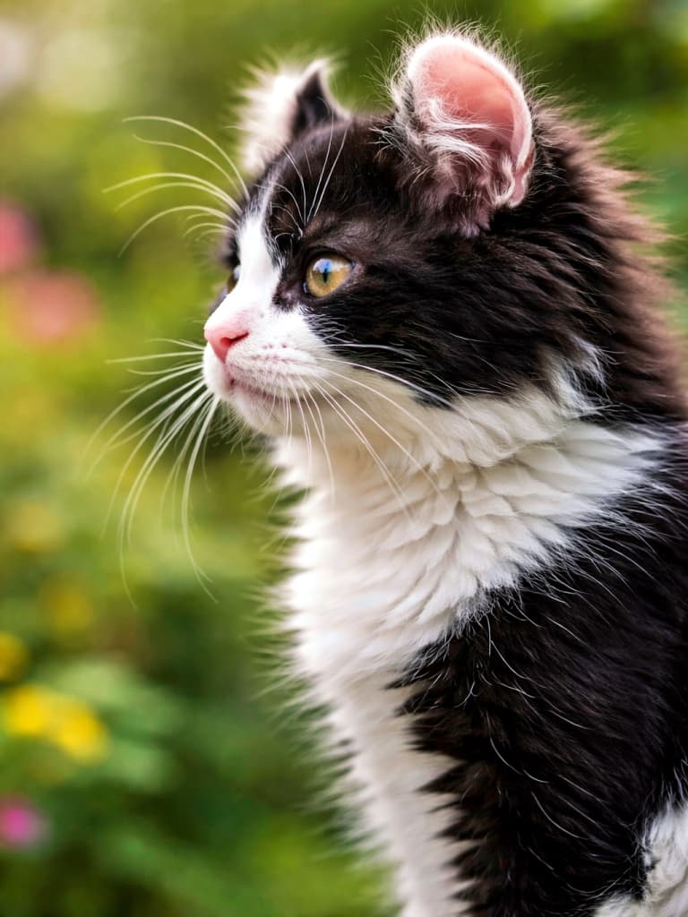 High-resolution close-up side profile of a black and white American Curl kitten with distinctive curled ears, looking curious, with a softly blurred garden background 黒白のバイカラーが美しいアメリカンカールの子猫を横顔から捉えた高精細クローズアップ写真。特徴的にカールした耳と好奇心あふれる表情、背景はやわらかくぼけた庭園風景