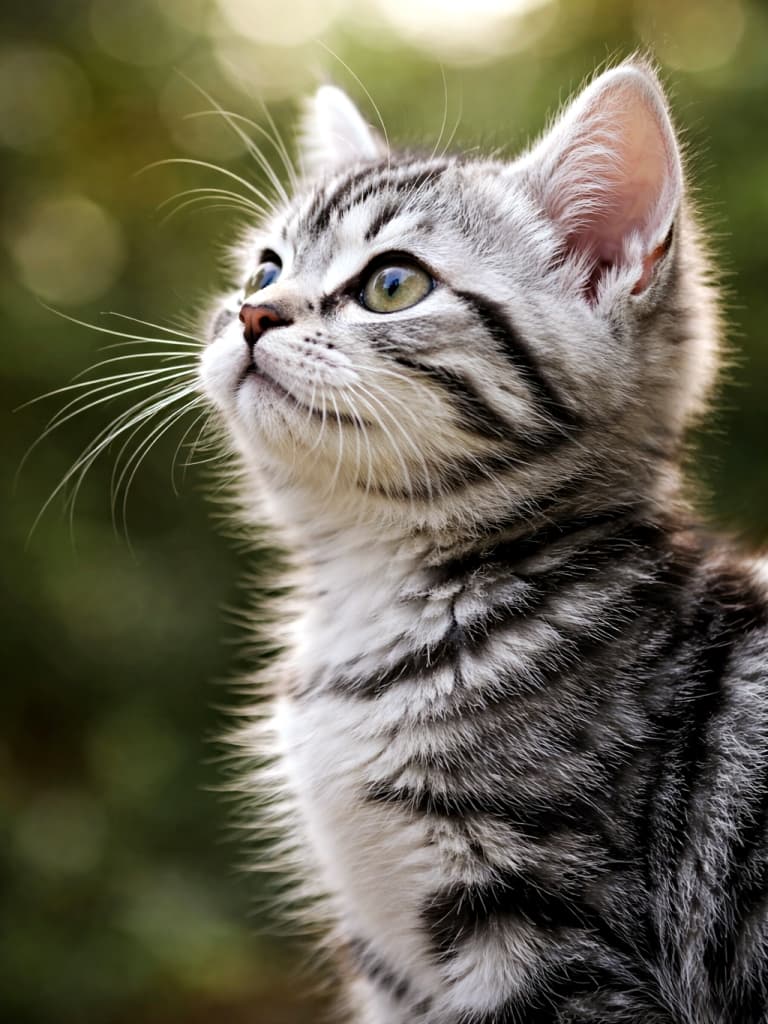 High-resolution close-up side profile of an American Shorthair silver tabby kitten looking slightly upward, with soft natural light and a blurred bokeh background. 柔らかな自然光の中で、少し上を見上げるアメリカンショートヘアのシルバータビーの子猫を横顔から捉えた高解像度クローズアップ写真。背景は美しいボケ