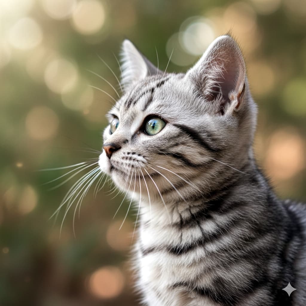 Profile of an Amesho kitten in natural light 自然光を浴びるアメリカンショートヘアの子猫の横顔