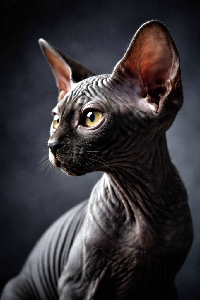 High-resolution close-up side profile of a black Sphynx kitten with large ears and detailed wrinkled skin, dramatically lit against a dark moody background. 大きな耳としわのある肌質が印象的な黒いスフィンクスの子猫を、暗いムーディーな背景でドラマチックに照らした高精細な横顔のクローズアップ