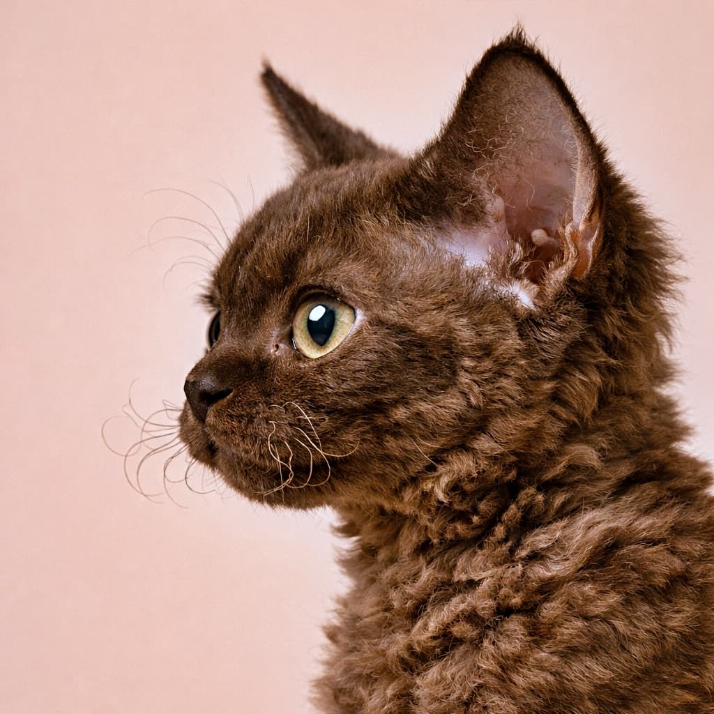 High-resolution close-up side profile of a chocolate Devon Rex kitten with big eyes and curly whiskers, photographed against a plain pastel background under soft studio lighting. 淡いパステル背景のスタジオ光の中で撮影された、チョコレートカラーのデボンレックス子猫の横顔アップ。大きな瞳とカールしたヒゲが印象的な高精細クローズアップ写真