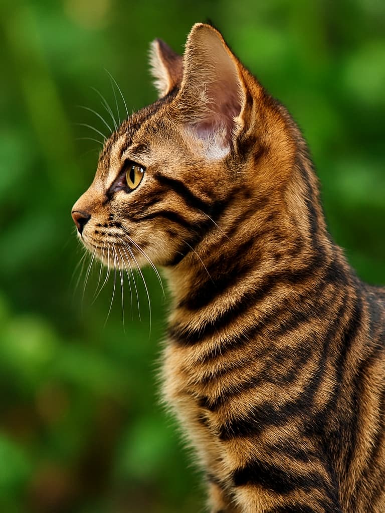 high-resolution close-up of a Toyger kitten in brown mackerel tabby profile, sharp side view, photorealistic stripes, wild tiger-like appearance, blurred jungle foliage background 高解像度のトイガー子猫、ブラウンマクラレルタビーの横顔、鋭い側面ビュー、フォトリアリスティックな縞模様、野生的な雰囲気、ジャングル風の背景がぼかされている
