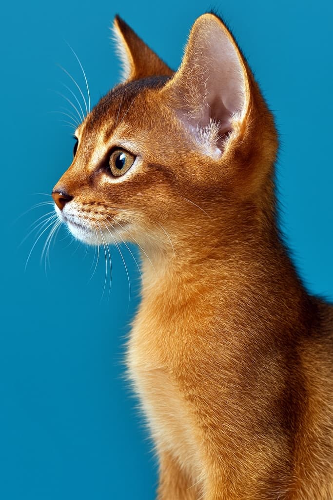 Photorealistic close-up profile of a ruddy Abyssinian kitten, elegant posture, teal background, bright lighting. ルディカラーのアビシニアン子猫の横顔を高精細で写した写真。優雅な姿勢、ティールの背景、明るいライティング