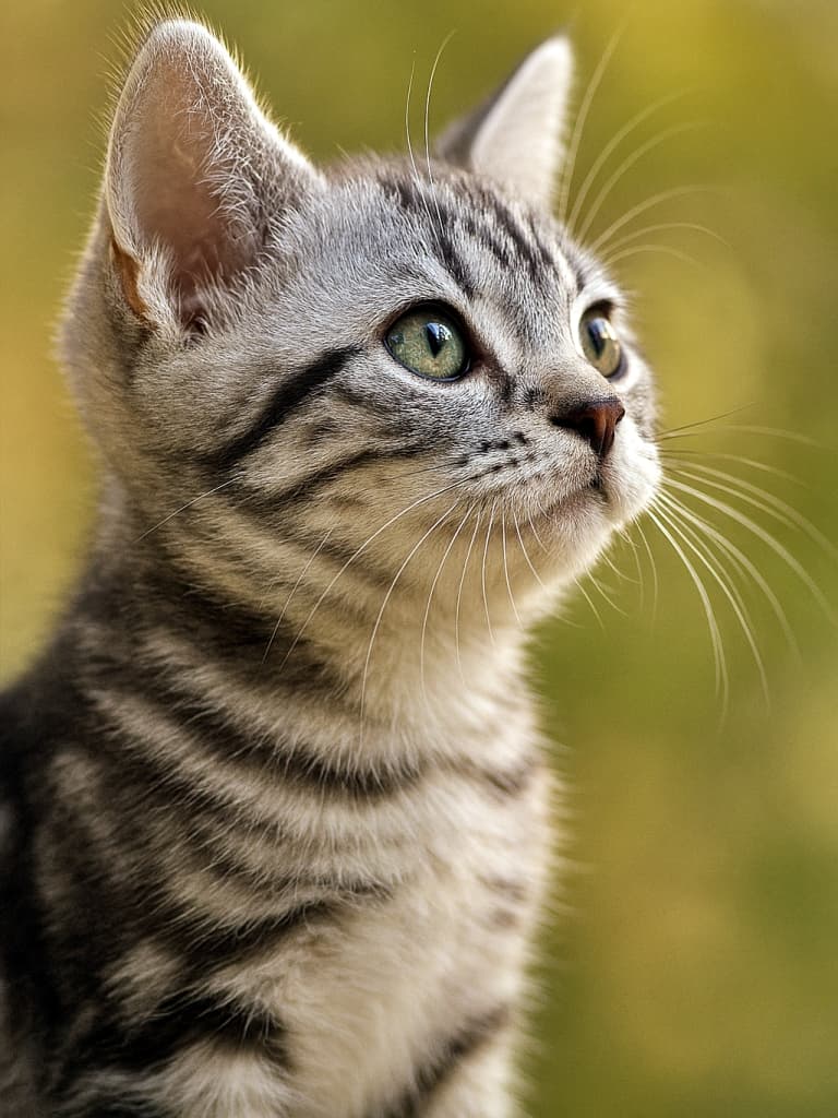 Close-up profile of an American Shorthair silver tabby kitten, photorealistic, side view, gazing slightly upward with soft natural lighting and warm bokeh background. アメリカンショートヘアのシルバータビー子猫、横顔のクローズアップ。自然光に包まれ、少し上を見上げる姿を背景の柔らかなボケが引き立てる。