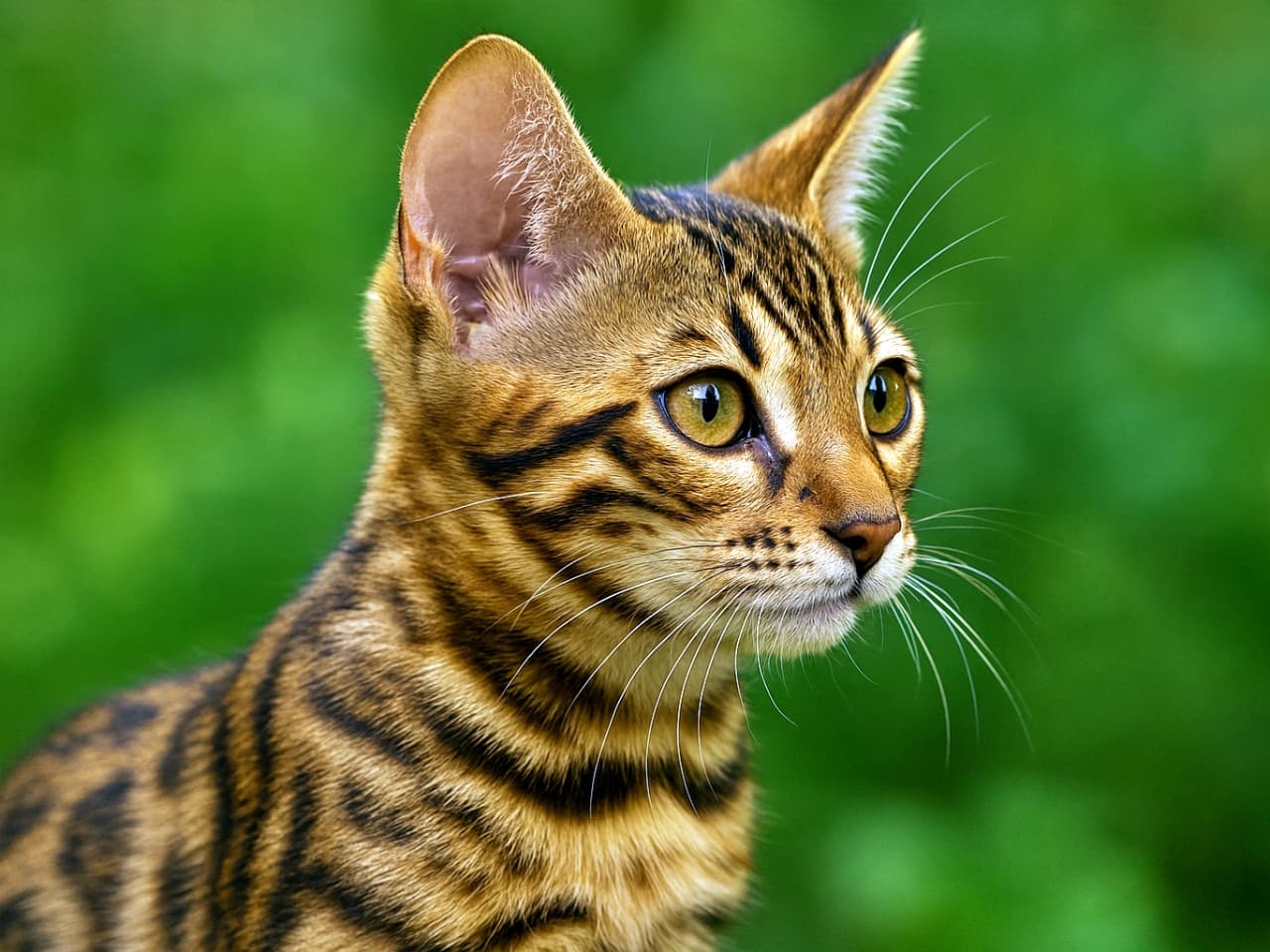 high-resolution close-up of a Bengal kitten’s brown spotted profile, sharp side view, photorealistic sleek fur, alert expression, blurred green foliage background 高解像度のベンガル子猫の横顔。茶色のスポット模様、鋭い側面ビュー、写実的で艶やかな毛並み、警戒した表情、緑の葉がぼけた背景