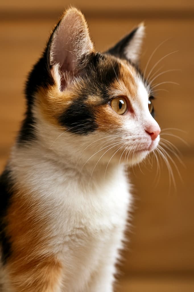 close-up profile of a Japanese Bobtail mi-ke (calico) kitten, sharp side view, attentive gaze, clear orange-black-white markings, natural light, wooden background. 日本猫の三毛柄ボブテイル子猫の横顔アップ、鋭い側面ビュー、注意深いまなざし、鮮明な橙・黒・白の模様、自然光、木の背景
