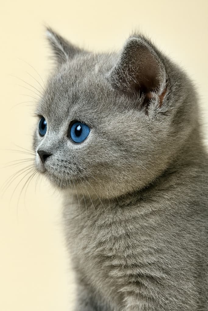 high-resolution close-up of a British Shorthair kitten with blue-gray fur, sharp side profile, round chubby cheeks, photorealistic detail, against a simple cream background under soft studio lighting. 高解像度のブリティッシュショートヘア子猫、ブルーグレーの毛並み、横顔の鋭いプロファイル、丸くふっくらした頬、シンプルなクリーム色の背景と柔らかなスタジオ照明高解像度のブリティッシュショートヘア子猫、ブルーグレーの毛並み、横顔の鋭いプロファイル、丸くふっくらした頬、シンプルなクリーム色の背景と柔らかなスタジオ照明