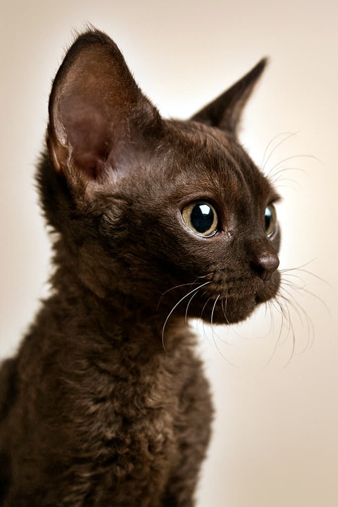 close-up profile of an American Curl kitten, black bicolor coat, distinct curled ears, curious gaze, blurred garden background アメリカンカールの子猫、黒と白のバイカラー、横顔のクローズアップ。特徴的なカールした耳、好奇心いっぱいのまなざし、ぼかされた庭の背景