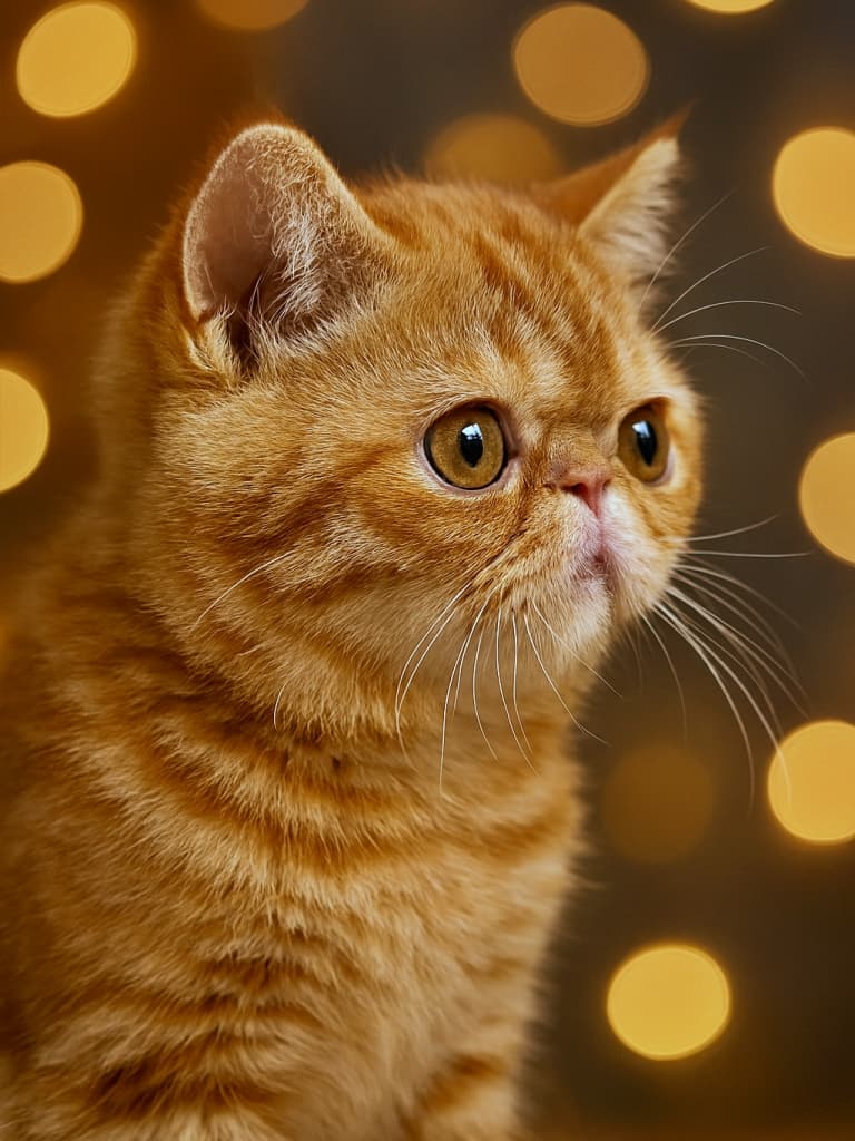 close-up profile of an Exotic Shorthair kitten, red tabby coat, flat face, playful mood, warm bokeh lights background, photorealistic detail. エキゾチックショートヘアの赤茶タビー子猫、横顔のアップ、平たい顔が可愛らしく、遊び心のある雰囲気、背景に暖色のボケ光、フォトリアルな描写