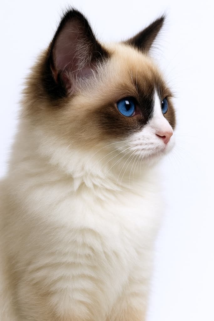 Close-up profile of a Ragdoll kitten with seal point bicolor pattern, calm expression, blue eyes, white background, studio lighting. シールポイントバイカラーのラグドール子猫の横顔アップ。穏やかな表情、青い瞳、白背景、スタジオライティング