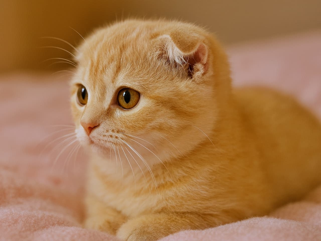 high-resolution close-up of a cream tabby Scottish Fold kitten in sharp side profile, resting on a soft pink blanket under warm indoor lighting, photorealistic detail with folded ears and amber eyes. 高解像度のクリームタビーのスコティッシュフォールド子猫、横顔の鮮明な側面アップ。柔らかなピンクの毛布の上で、暖かな室内照明に包まれたフォトリアルな質感。折れ耳と琥珀色の瞳が特徴