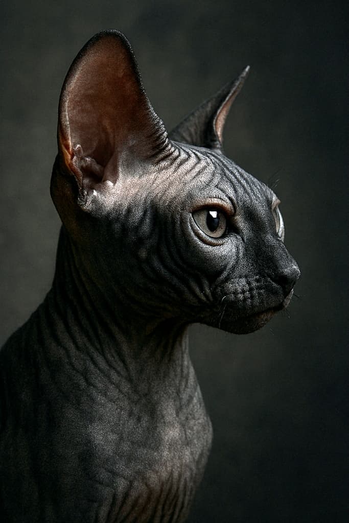 Close-up profile of a black Sphynx kitten with large ears and wrinkled skin, dramatically lit against a dark moody background. 黒いスフィンクス子猫の横顔アップ。大きな耳としわのある肌が特徴で、暗くムーディーな背景にドラマチックなライティングが映える