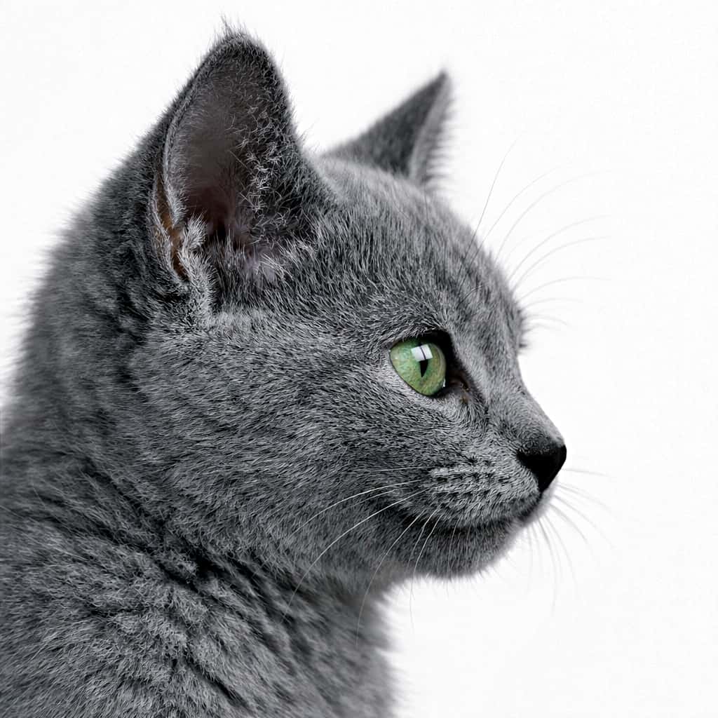 A high-resolution close-up side profile of a Russian Blue kitten, showing its soft blue-gray fur and a clear green eye, photographed against a simple white background with soft diffused lighting. 柔らかなブルーグレーの被毛と緑色の目が見えるロシアンブルーの子猫を、白い背景で柔らかな拡散光のもと横顔アップで撮影した高解像度写真