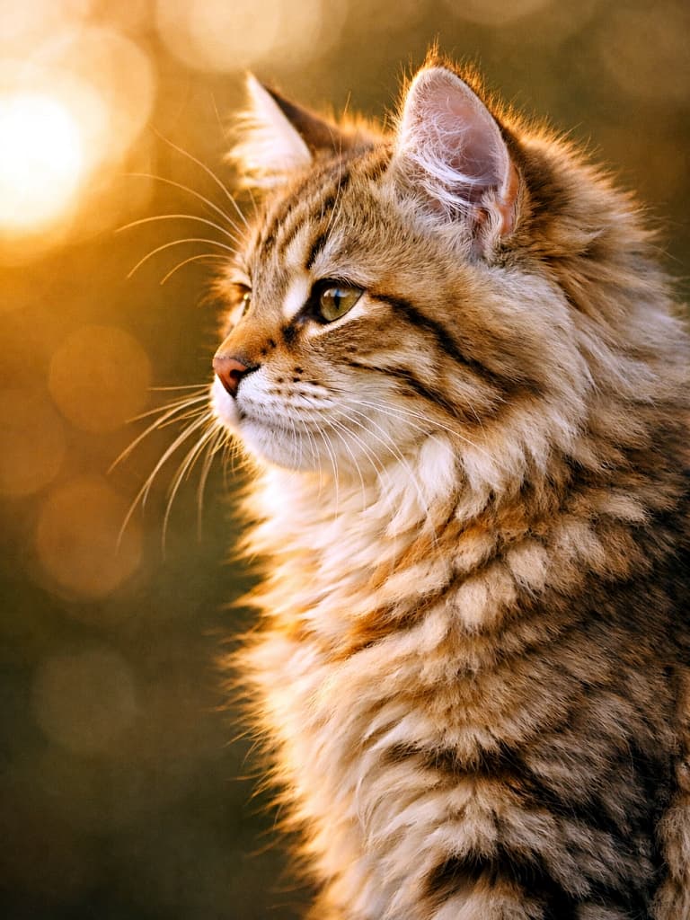 High-resolution close-up side profile of a golden tabby Siberian kitten with a noble expression, photographed in soft golden hour light with a warm bokeh background. ゴールデンアワーの柔らかな光に包まれた、気品ある表情のサイベリアン子猫のゴールデンタビー横顔を捉えた高解像度クローズアップ写真
