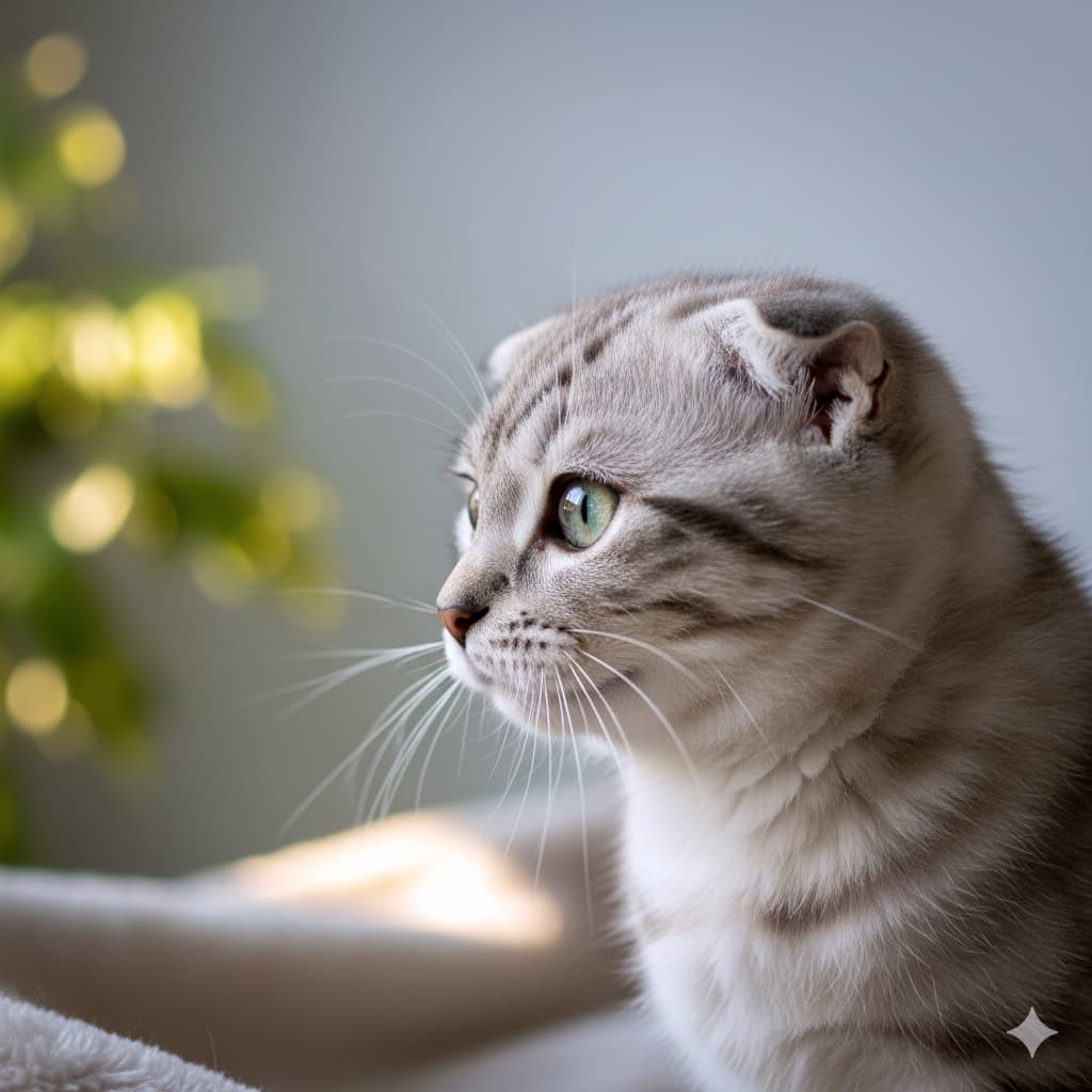 Close-up of silver tabby kitten profile シルバータビーの模様が鮮明なスコティッシュフォールド子猫のクローズアップ