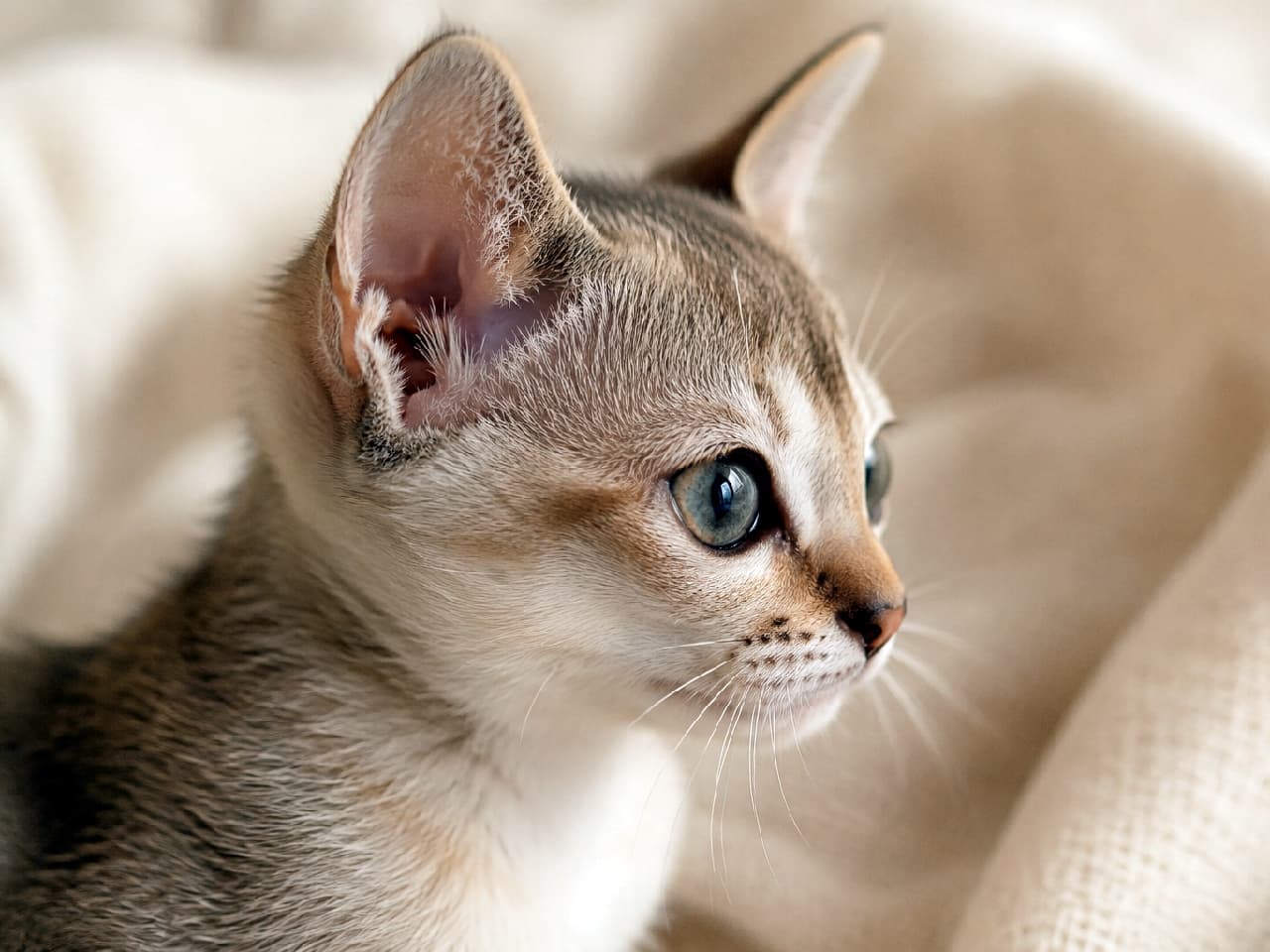 「世界一小さな猫種、シンガプーラちゃん🧚♀️ 大きな瞳で見つめられたら、守ってあげたくなっちゃう🥺 #シンガプーラ #セピア #小さな猫」Ultra-realistic high-quality photograph. A profile of a Singapura sepia kitten surrounded by a fluffy beige blanket. Characterized by the slender skeletal structure of the world's smallest purebred cat, along with disproportionately large ears and almond-shaped eyes. The warm sepia coat with brown ticking blends softly into the matching background. ふんわりとしたベージュのブランケットに包まれるような、シンガプーラ(セピア)の子猫の横顔。世界最小の純血種らしい華奢な骨格と、頭に対して非常に大きな耳とアーモンド型の瞳が特徴的。アイボリーにブラウンのティッキングが入った温かなセピアカラーの被毛が、同系色の背景に柔らかく溶け込んでいる