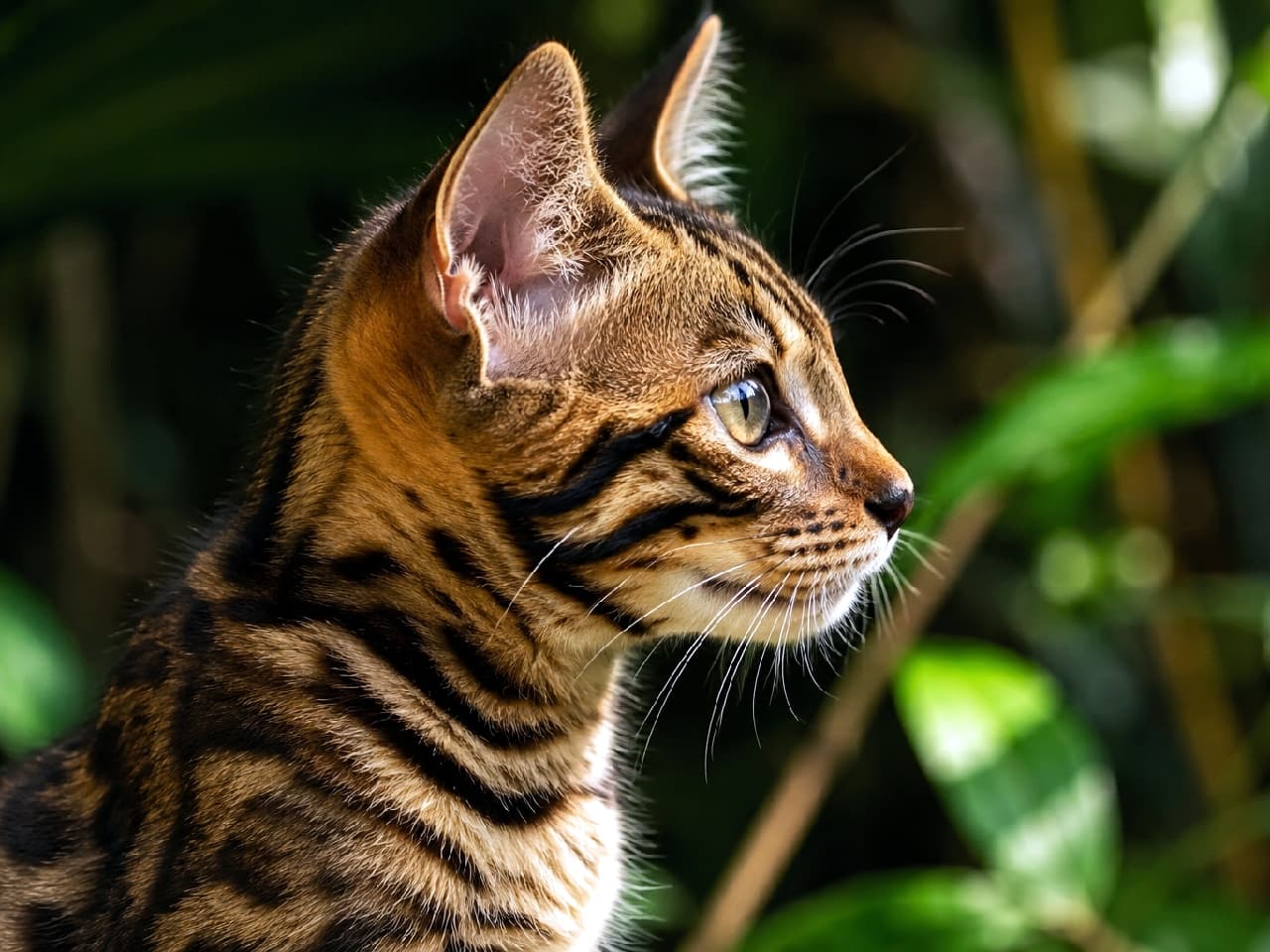 「ガオー!🐅 お家の中で飼える小さなトラさん、トイガーちゃんのかっこよすぎる横顔に惚れ惚れ✨ #トイガー #トラ柄 #猫好き」Ultra-realistic high-quality photograph. A profile of a Toyger brown mackerel tabby kitten casting a sharp gaze to the right, set against a jungle-like background with deep green plants. The striking, thick black stripes (mackerel tabby) on a bright orange-brown base strongly resemble a wild tiger. Its glossy short coat and strong facial contours emphasize its wild nature. 深い緑の植物が茂るジャングルのような背景で、鋭い視線を右に向けるトイガー(ブラウンマッカレルタビー)の子猫の横顔。野生のトラを彷彿とさせる、鮮やかなオレンジブラウンの地に太くくっきりとした黒い縞模様(マッカレルタビー)が非常に美しい。光沢のある短い被毛と、力強い輪郭が野性味を強調している