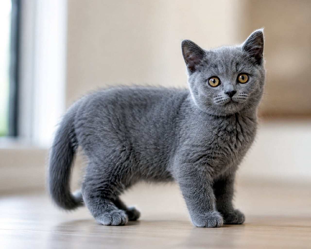 「ロシアンブルー?いいえ、シャルトリューです🐈⬛💙 微笑んでいるようなお口とオレンジ色の瞳のコントラストが最高!✨ #シャルトリュー #猫のいる暮らし #猫好きさんと繋がりたい」Ultra-realistic high-quality photograph of a solid blue-grey Chartreux kitten standing indoors. The image beautifully captures its dense, woolly water-resistant coat, robust round cheeks with a characteristic "smiling" expression, and brilliant copper-gold round eyes. 室内で穏やかに立ち止まる、ブルー(グレー)のシャルトリューの子猫。「微笑み猫」と呼ばれる、口角が少し上がったような優しい顔立ちと、ふっくらとした丸みのある頬が特徴的。羊毛のように密生した防水性の高いブルーグレーの被毛の質感と、鮮やかなカッパー(銅色)からゴールドに輝く丸い瞳が見事に描写されています