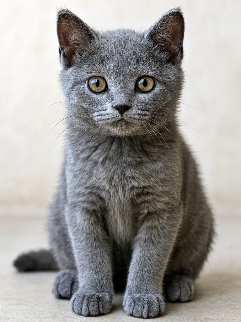 「青灰色のふわふわボディ、まんまる瞳が心をつかむシャルトリュー子猫!」A full-body photorealistic Chartreux kitten with blue-gray fur, amber eyes, and precise anatomical detail, sitting naturally under soft daylight. 青灰色の毛並みと琥珀色の瞳を持つシャルトリュー子猫が、柔らかな自然光の下で全身を見せて座っている、写実的な高解像度写真