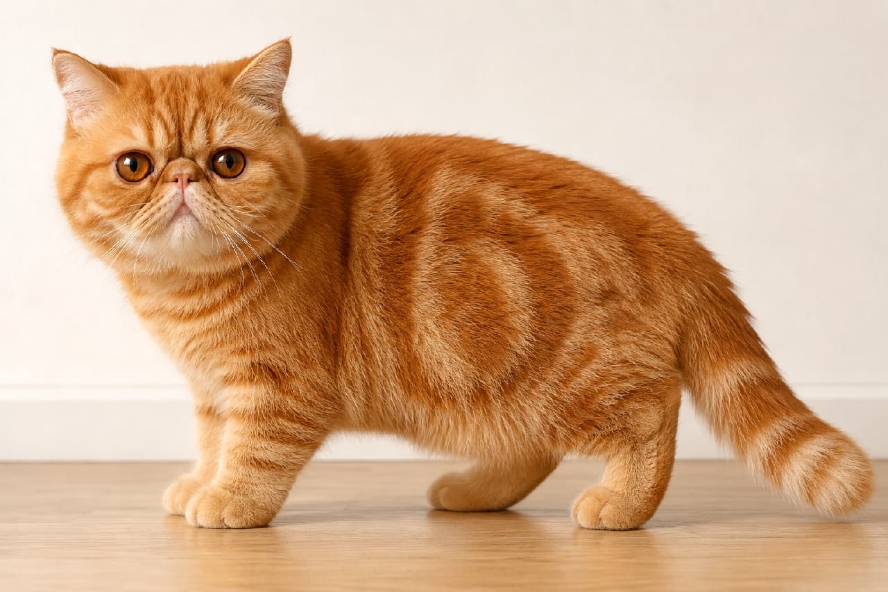 「このお顔、反則じゃないですか?🧸🧡 ぬいぐるみみたいな鼻ぺちゃ顔のエキゾチックショートヘアちゃんです🐾 #ぶさかわ猫 #猫のいる暮らし #猫好きさんと繋がりたい」Ultra-realistic high-quality photograph of an adult red tabby Exotic Shorthair cat standing indoors and looking slightly towards the camera. The cat features a charming flat face, plump round cheeks, large wide-open amber eyes, and a dense, plush short coat. 室内で少し首を傾けてこちらを見つめる、レッドタビーのエキゾチックショートヘアの成猫。ペルシャ猫譲りのつぶれた短い鼻(鼻ぺちゃ)とふっくらとした丸い顔、大きく見開かれた琥珀色の瞳が特徴的です。ぬいぐるみのように密集した短い被毛が温かみを感じさせます