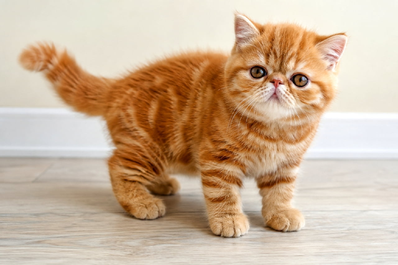 「この鼻ぺちゃ顔、反則級の可愛さ!🧡 ぬいぐるみみたいなエキゾチックショートヘアちゃんに一目惚れです🧸✨ #ぶさかわ猫 #猫のいる暮らし #猫好きさんと繋がりたい」Ultra-realistic high-quality photograph of a red tabby Exotic Shorthair kitten standing indoors. The kitten features a charming flat face, very large round amber eyes, and a plush, dense short coat, looking up with an incredibly adorable and toy-like expression. 室内で短い足を踏ん張り、こちらをじっと見上げるレッドタビーのエキゾチックショートヘアの子猫。つぶれたような愛嬌のある短い鼻(ペルシャ譲りの鼻ぺちゃ顔)と、こぼれ落ちそうなほど大きくて丸い琥珀色の瞳が特徴的です。ぬいぐるみのように密集した短い被毛の質感が、温かみのあるオレンジ色で表現されています