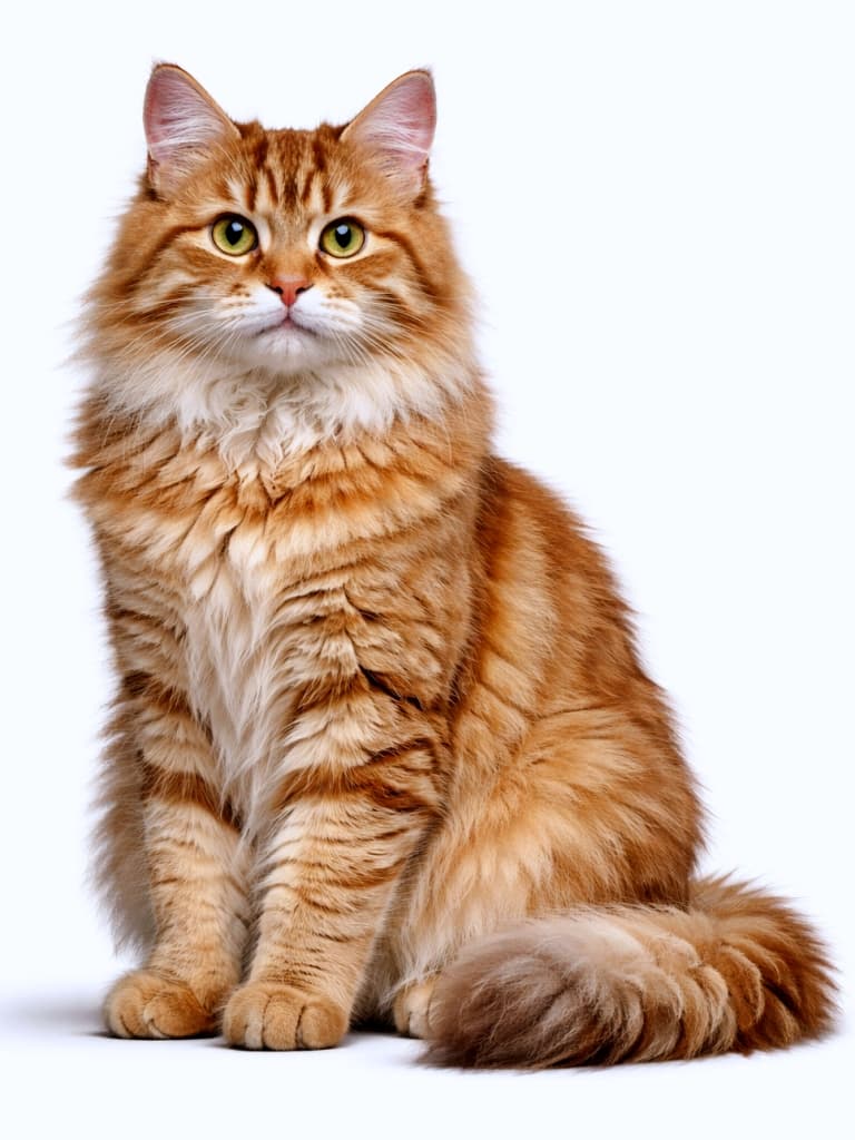 A photorealistic, high-resolution full-body portrait of a golden tabby Siberian cat sitting upright against a white background, with detailed fur texture, natural lighting, and anatomically accurate ears, paws, and facial features. 白い背景の前でお座りする、ゴールデンタビーのサイベリアンキャットの全身を写した高解像度フォトリアル画像。毛並みの質感や自然光の陰影、耳・足・顔の構造が正確に表現されている