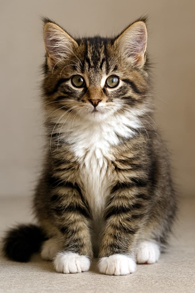 「ふわふわモフモフ、まるで森の妖精!ノルウェージャンフォレストの子猫が、まっすぐな瞳であなたを見つめるよ。」Full-body Norwegian Forest kitten with brown mackerel tabby and white fur, sitting on a smooth surface under natural light. Each strand of fur is sharply defined with realistic texture and sheen. Eyes show detailed iris patterns and reflections. All anatomical features—ears, nose, mouth, paws, and pads—are precisely positioned. ブラウンマッカレルタビーと白毛のノルウェージャンフォレスト子猫が、自然光の下で滑らかな床に座っている全身写真。毛並みの一本一本がリアルに描写され、目には虹彩模様と光の反射が見える。耳・鼻・口・足・肉球まで正確に配置