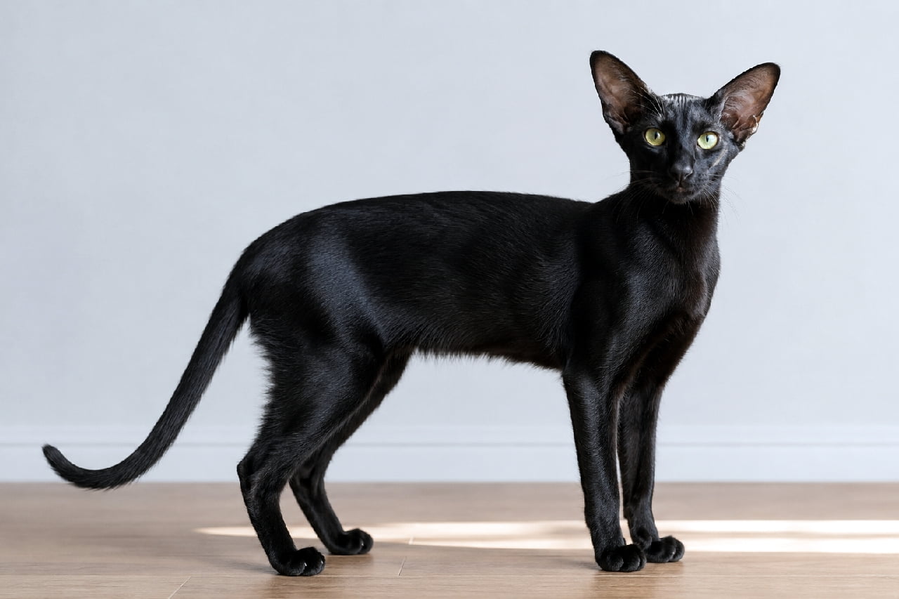「まるで小さな黒豹!🐈⬛🖤 スラリとした美ボディと大きなお耳がクールすぎるオリエンタルショートヘアです✨ #黒猫同盟 #猫のいる暮らし #猫好きさんと繋がりたい」Ultra-realistic high-quality photograph of an ebony black adult Oriental Shorthair cat standing on a wooden floor in a bright room. The cat features a sharp wedge-shaped head, large bat-like ears, a sleek, slender tubular body, a glossy short coat, and striking yellow-green eyes. 明るい室内のフローリングに凛と立つ、エボニー(黒単色)のオリエンタルショートヘアの成猫。シャープなV字型の顔立ち、コウモリのように大きな耳、そしてスレンダーでしなやかなチューブ型のボディラインが特徴です。艶やかな黒い短毛とイエローグリーンの瞳がクールな印象を与えます