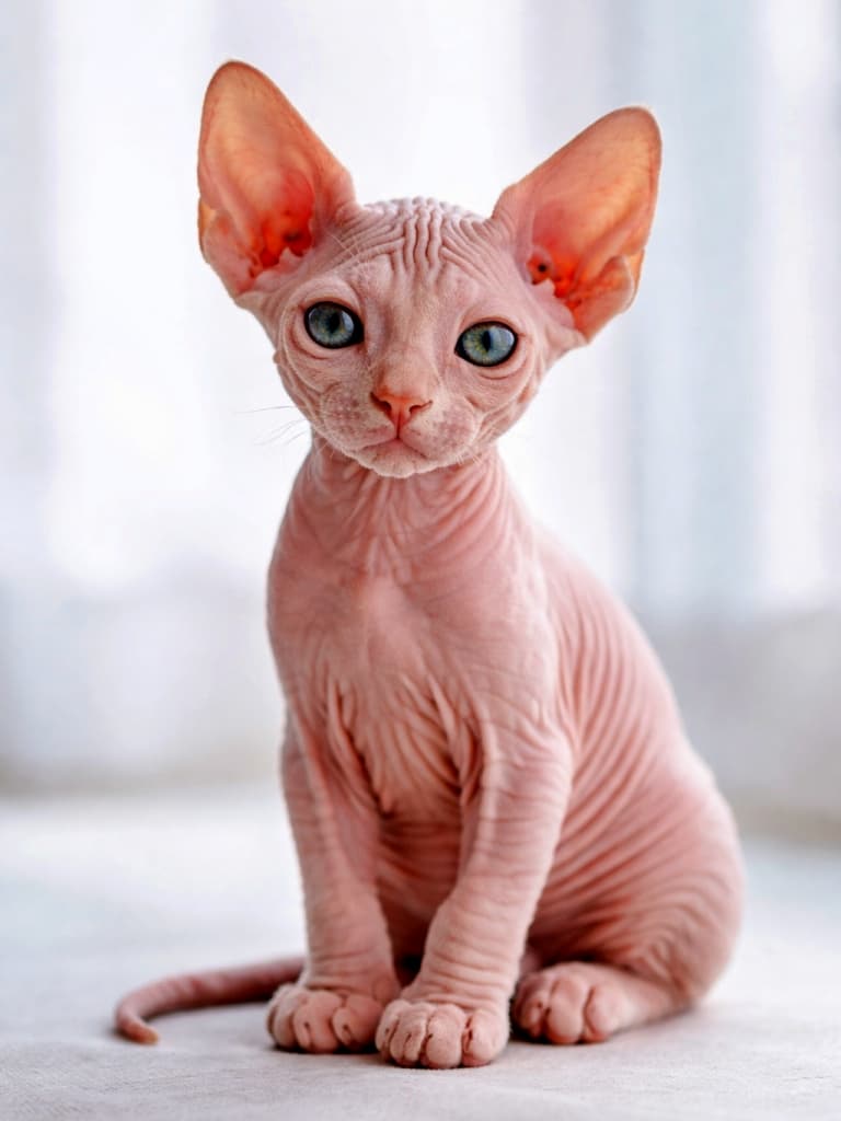 Photorealistic, high-resolution image of a pink Sphynx kitten sitting upright with its entire body visible, hairless skin showing fine texture and natural wrinkles, large expressive eyes, accurately rendered ears, paws, and tail under soft natural light. ピンク色のスフィンクス子猫が全身見える状態でお座りしている高解像度フォトリアル画像。無毛の肌には繊細な質感と自然なシワが表現され、大きな瞳、耳、肉球、しっぽまで正確に描写されている