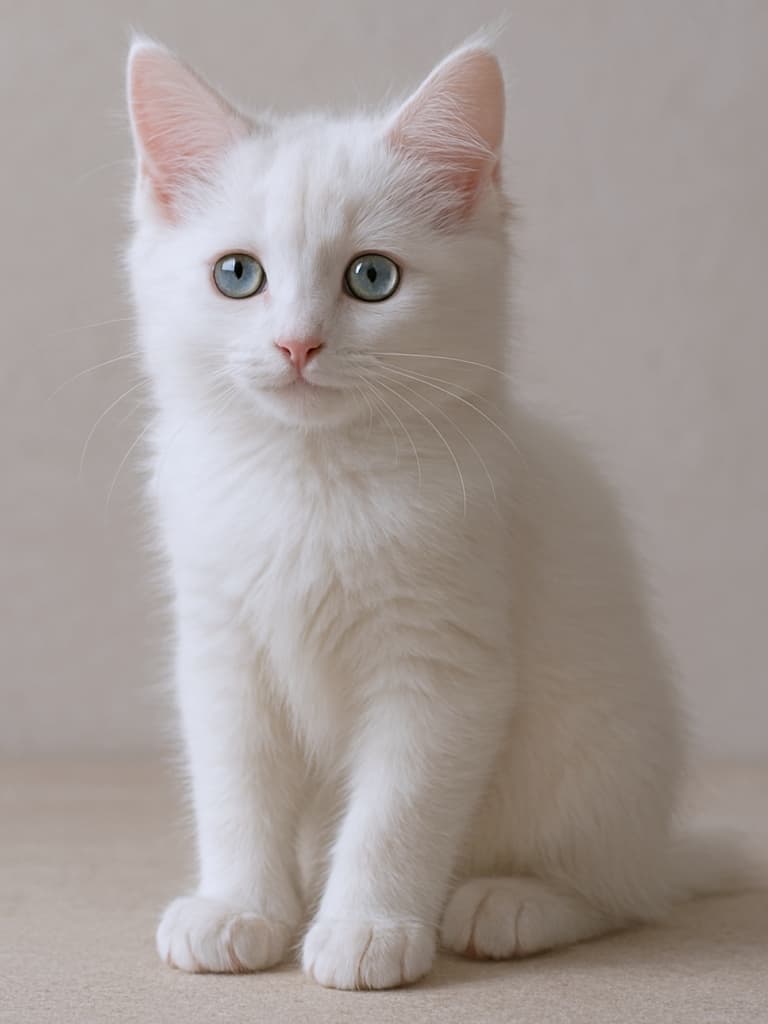 「まっしろな天使、ターキッシュアンゴラの子猫がふわっと登場!✨その瞳に吸い込まれそう…」pure white turkish angora kitten, full body visible, photorealistic fur strands, natural light, blue-green eyes, anatomically precise features, no distortion, no decorations 全身が見える純白のターキッシュアンゴラ子猫、毛並みの一本一本が写実的に描写され、自然光の下で微妙な陰影と色の変化を再現。青緑の瞳、耳・鼻・口・肉球まで正確に配置。装飾なし