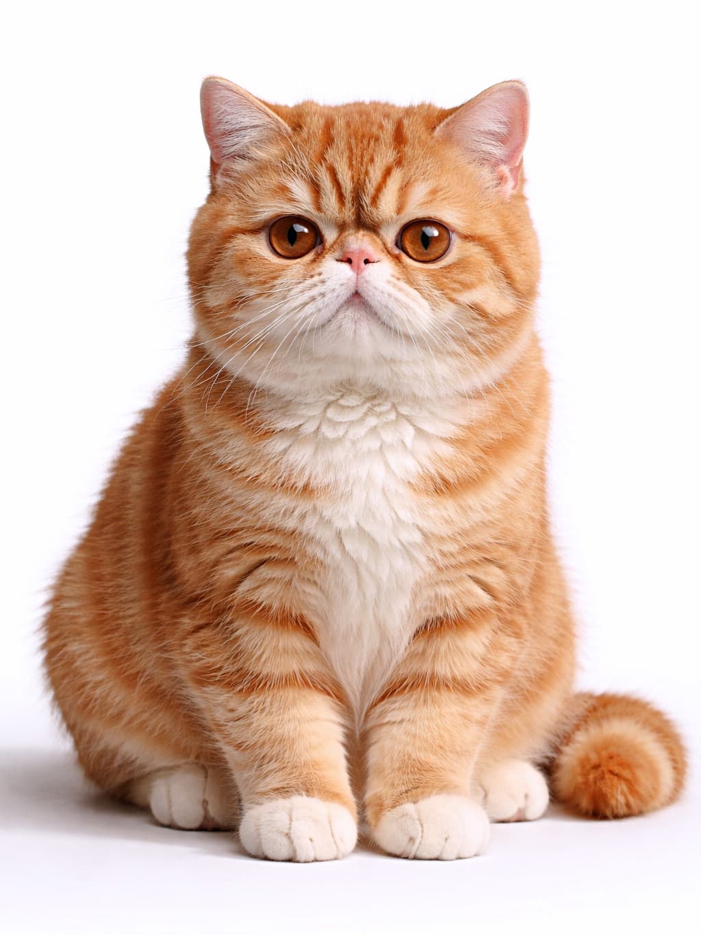 A photorealistic, high-resolution full-body portrait of a red tabby Exotic Shorthair cat sitting upright against a clean white background. The cat has dense, plush fur with clear tabby patterns, round copper-colored eyes with realistic light reflections, small rounded ears, and neatly positioned paws. All anatomical features are accurately rendered with natural lighting and no visible distortion, closely resembling a real professional studio photograph. 白い背景のスタジオ環境で正面を向いて座る、レッドタビーのエキゾチックショートヘア猫の全身を写した高解像度・フォトリアルな写真風画像。密度の高い短毛にははっきりとした縞模様があり、丸く大きな銅色の瞳には自然な光の反射が見られる。耳・顔・足先・肉球まで解剖学的に正確で、歪みのないリアルな質感が実写写真のように再現されている