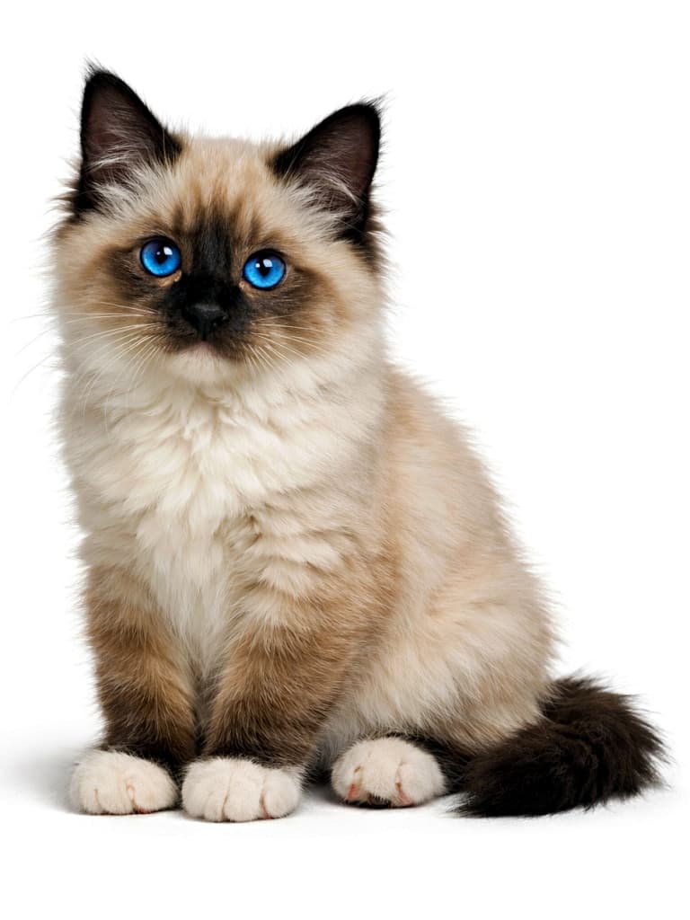 Photorealistic full-body image of a Seal Point Birman kitten with white gloved paws, captured under natural light, showing realistic fur texture, accurate anatomy, and vivid blue eyes with natural reflections. 自然光の下で撮影された、白いグローブの足を持つシールポイントのバーマン子猫の全身フォトリアル画像。毛並みの質感や解剖学的特徴、透明感のある青い瞳までリアルに再現されている