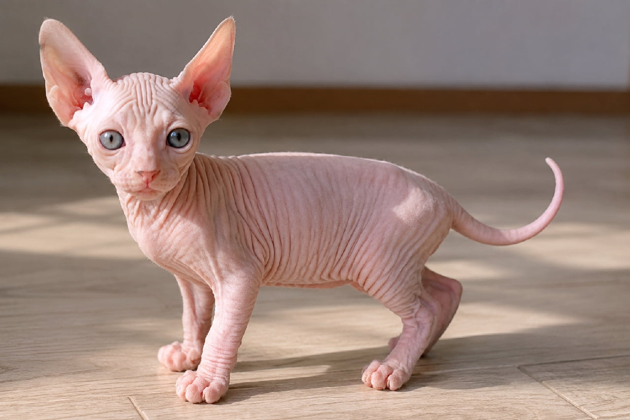「まるで小さな宇宙人👽💖 なめらかな桃色の肌と大きなオミミがチャームポイントのスフィンクスちゃんです☀️ #スフィンクス猫 #猫好きさんと繋がりたい」Ultra-realistic high-quality photograph of a pink, hairless Sphynx kitten standing in warm sunlight on a wooden floor. The image highlights its distinct wrinkled skin texture, unusually large ears, slender tail, and expressive lemon-shaped light-colored eyes. 暖かな日差しが差し込むフローリングの床に立つ、ピンク(肌色)のスフィンクスの子猫。被毛を持たない特有のしわの寄った滑らかな肌の質感や、体に対して非常に大きなピンと立った耳、すらりとした細いしっぽが詳細に捉えられています。澄んだ大きなレモン型の瞳が、ユニークで神秘的な魅力を放っています