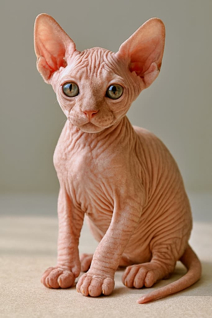 「つるんとしたピンク肌が愛らしい!未来感あふれるスフィンクス子猫の魅力にキュン♡」pink hairless sphynx kitten, full body visible, natural light, anatomically precise features, realistic skin texture and iris reflections, no decorations ピンクのスフィンクス子猫(無毛)、全身が見える構図、自然光下で正確な解剖学的特徴、リアルな皮膚質感と虹彩反射、装飾なし