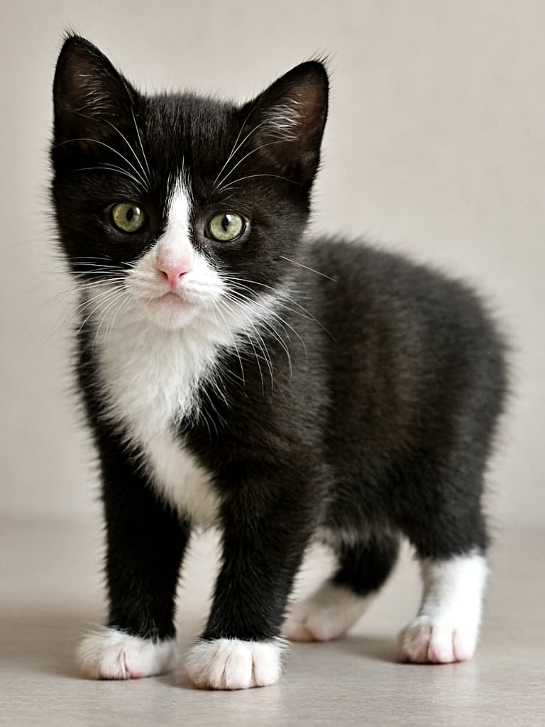 「タキシード柄のマンクス子猫、尻尾なしでもキュートさ満点!」High-resolution photorealistic image of a tailless (rumpy) Black and White Tuxedo Manx kitten, full body visible, with precise anatomical features and natural lighting. 高解像度の写実的な写真風画像。尻尾のない(ランピー)黒白タキシード柄のマンクス子猫。全身が見え、解剖学的特徴が正確に表現され、自然光で撮影されたような質感