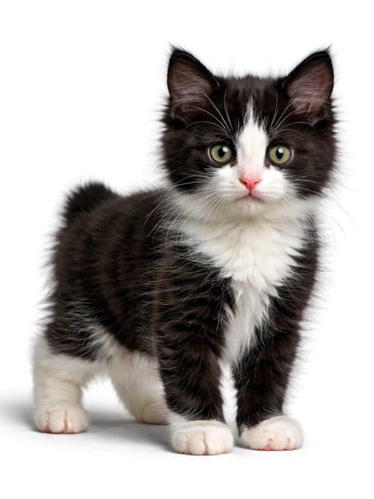 Photorealistic, high-resolution image of a tailless black and white tuxedo Manx kitten standing, with natural lighting and fully visible body details. 黒白のタキシード柄をした尻尾のないマンクス子猫が全身写った、自然光による高精細なリアル写真