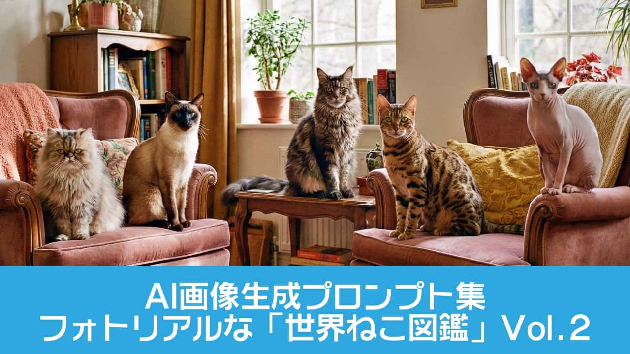 「猫たちの午後は、クラシックと陽だまりの中で」Five cats of various breeds sit gracefully on vintage pink furniture in a sunlit, cozy living room filled with books, plants, and framed art. 日差しが差し込む居心地の良いリビングで、ピンクのヴィンテージ家具に座る５匹の猫たち。本棚や植物、アートが彩る空間