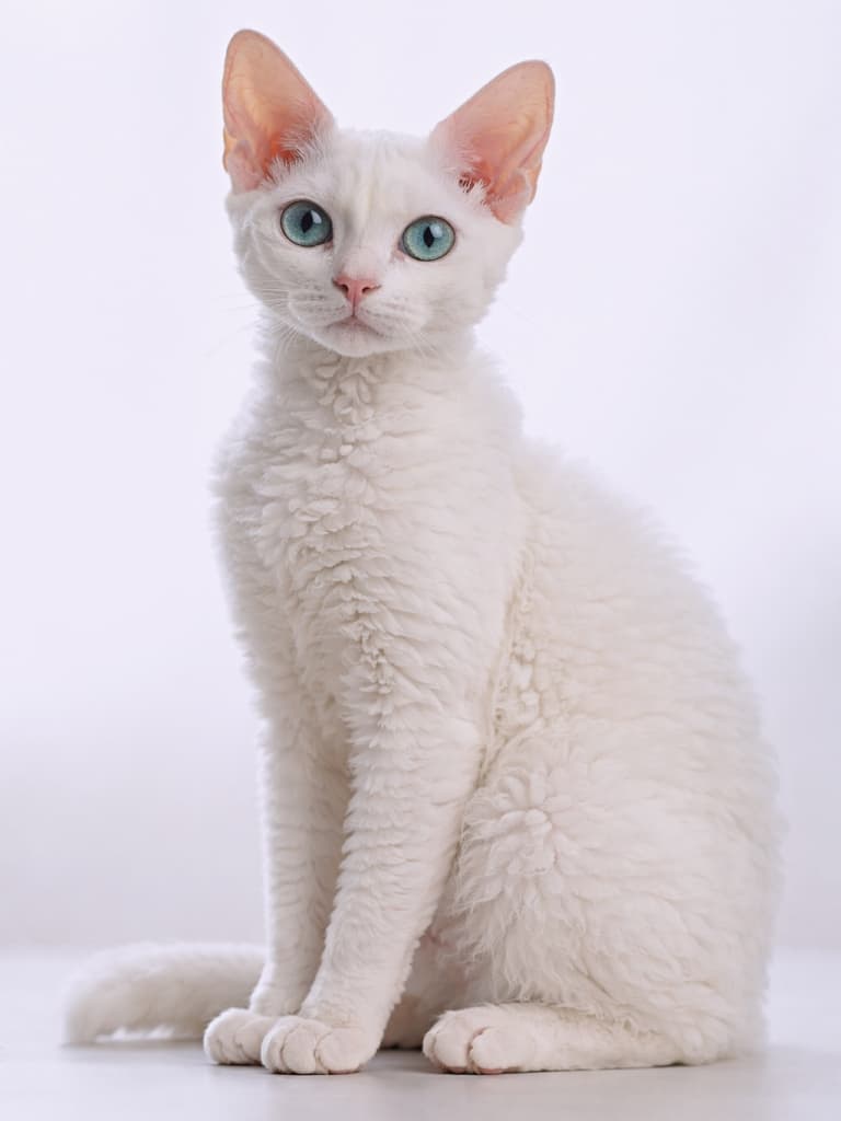 A photorealistic, high-resolution full-body image of a white Devon Rex cat with a naturally curly coat, large ears, and blue-green eyes, sitting calmly against a clean white background. 白い巻き毛の被毛を持つデボンレックスの成猫が、白背景の中で座っているフォトリアルな全身写真
