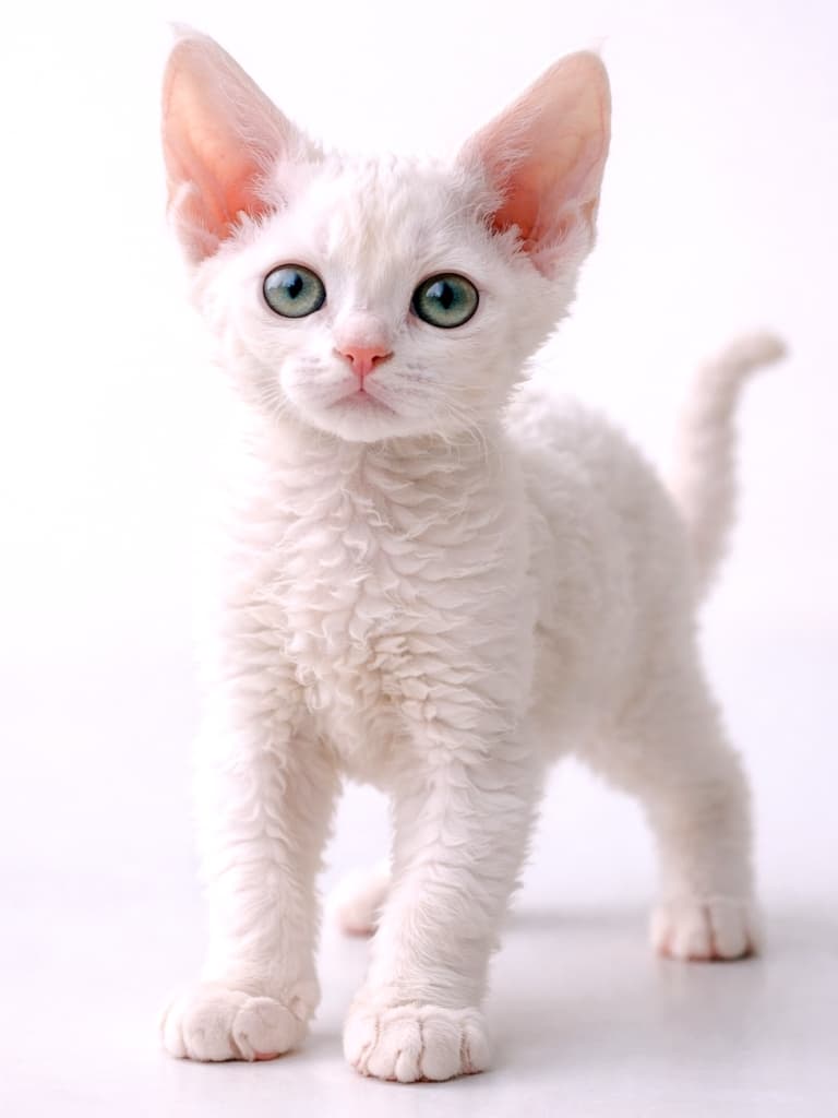 A photorealistic, high-resolution image of a white Devon Rex kitten with a soft curly coat, standing with its entire body visible under natural light, showing large ears, detailed eyes, and delicate paws. 自然光の下で全身が写る、白い巻き毛のデボンレックスの子猫を写したフォトリアルで高解像度な写真。大きな耳、精密に描写された瞳、繊細な肉球まで確認できる