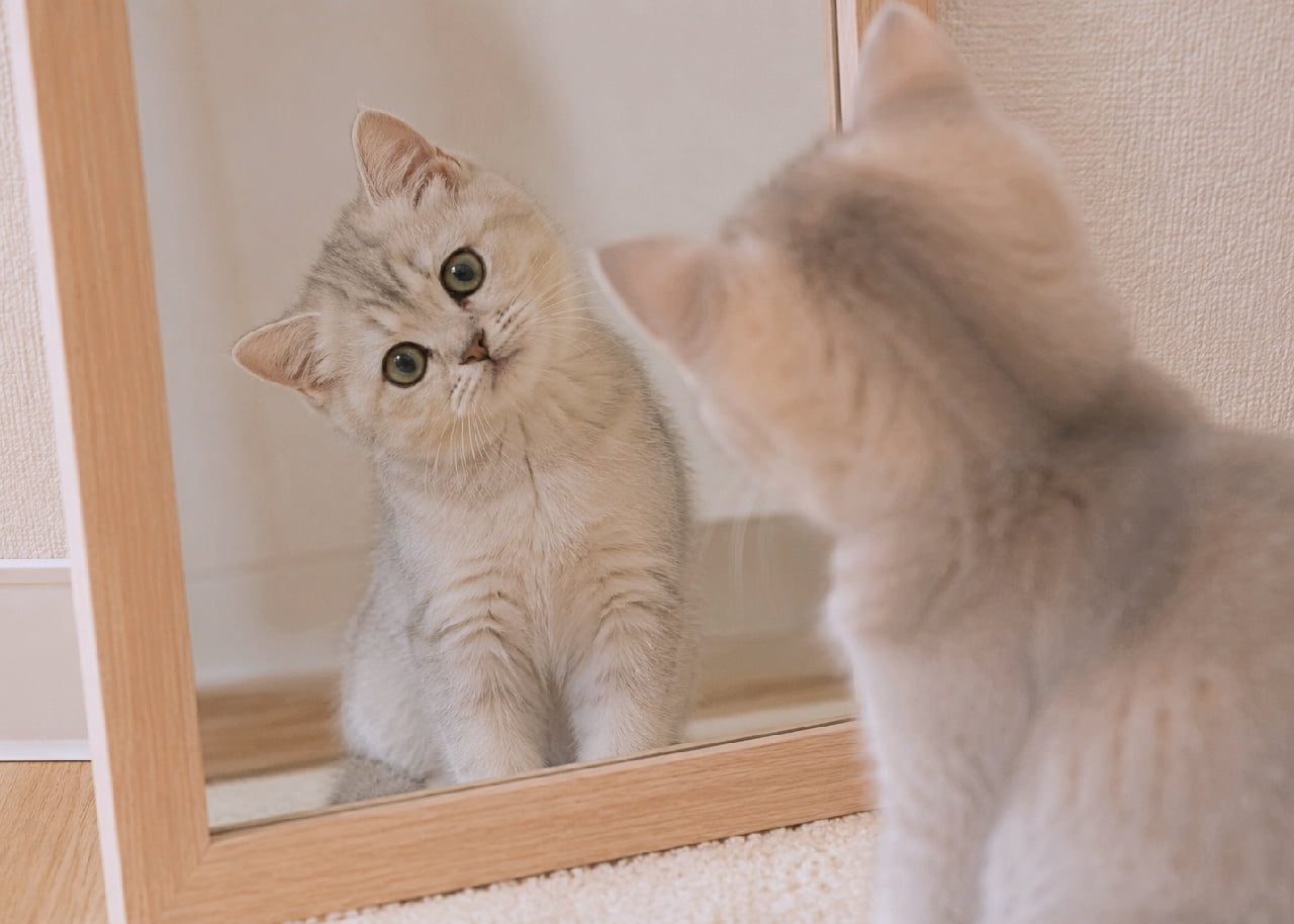 「今日の毛並みもバッチリにゃ🐈✨鏡で身だしなみチェックをするおしゃまな姿にきゅんっ!🤍 #ブリティッシュショートヘア #猫好き」Ultra-realistic high-quality photograph of a silver shaded British Shorthair kitten looking at its reflection in a light wood-framed mirror, showcasing its round face, dense plush coat, and elegant atmosphere in soft lighting. ナチュラルウッドの鏡の前に座り、鏡越しの自分を見つめるブリティッシュショートヘア(シルバーシェーデッド)の子猫。丸みのある輪郭、密度のあるふかふかの被毛、印象的なアイカラーが特徴的で、柔らかく明るい光が上品な雰囲気を引き立てています