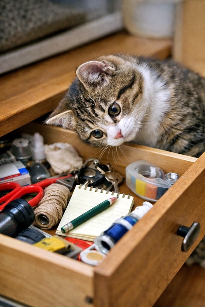 「とても可愛らしく、「好奇心そのもの」が伝わる一枚」A curious kitten peeks into an open wooden drawer, tilting its round head while inspecting household items inside, captured in a realistic high-resolution photograph. 開いた木製の引き出しの中をのぞき込み、丸い頭をかしげながら生活用品を調べている好奇心旺盛な子猫の様子を捉えた高解像度のリアル写真