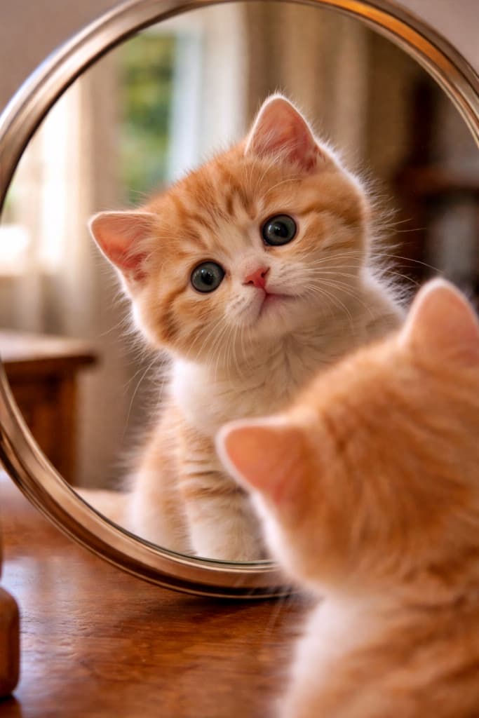 「「鏡越しの視点」と「首をかしげた困惑と好奇心」がしっかり伝わる一枚」A curious kitten gazes at its own reflection in a round mirror, tilting its head in confusion and wonder, captured from the mirror’s perspective in soft natural light. 丸い鏡に映った自分の姿を、不思議そうに首をかしげながら見つめる好奇心旺盛な子猫。鏡越しの視点で、やわらかな自然光に包まれている