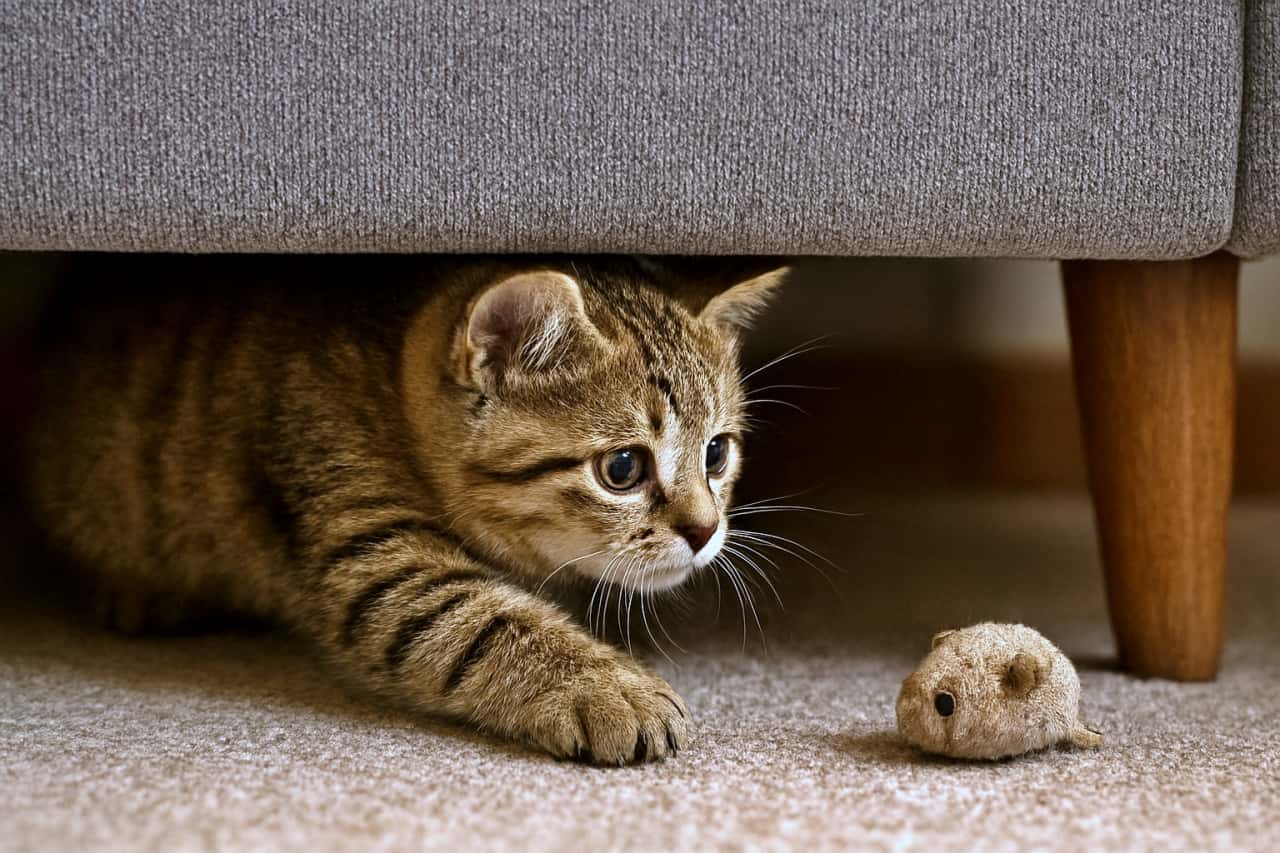 「おもちゃを狙ってソファの下に突撃!この集中力、見習いたい」A tabby kitten reaches under a gray sofa with one paw extended, trying to retrieve a plush toy. 一匹のトラ猫が灰色のソファの下に片方の前足を伸ばし、ぬいぐるみを取ろうとしている様子