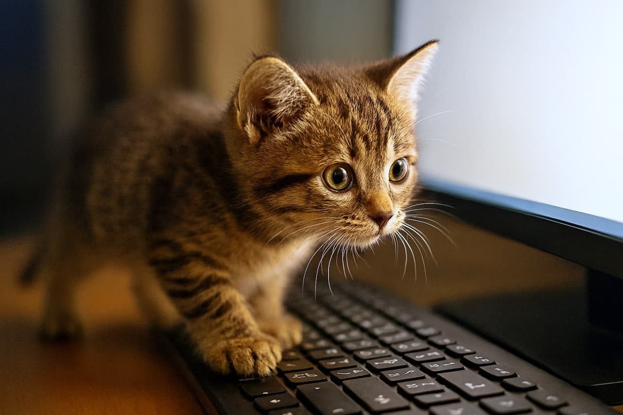 「モニターの光に導かれて、好奇心いっぱいの子猫がキーボードを探検中!」A tabby kitten with wide eyes walks across a black computer keyboard, its head following the glowing cursor on the monitor. 黒いキーボードの上を歩く縞模様の子猫が、モニターの光るカーソルを目で追っている
