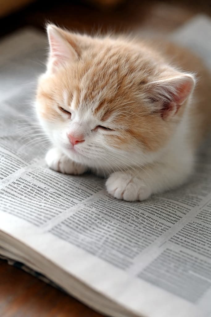 A relaxed kitten lying on an open newspaper, gently sniffing the ink with its eyes softly closed, captured from a slightly overhead angle in a realistic high-resolution photograph. 新聞紙の上でくつろぎ、インクの匂いをそっと嗅ぎながら目を優しく閉じている子猫を、やや上方から捉えたリアルで高解像度な写真