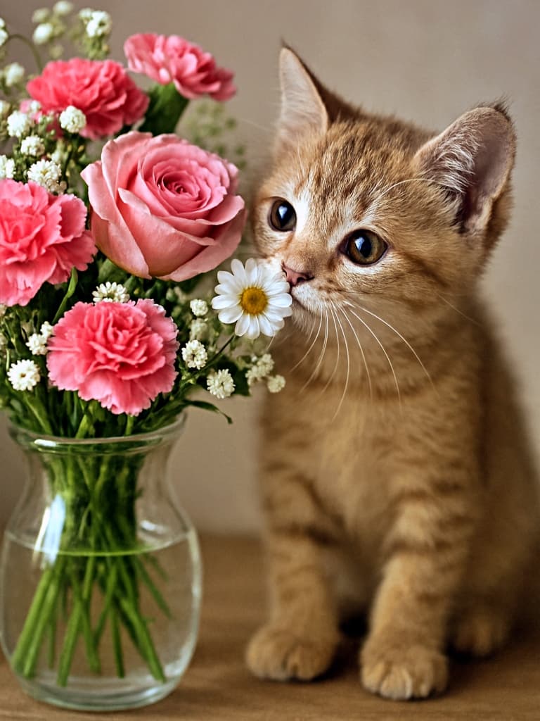 「お花の香りに誘われて、そっと顔をのぞかせる子ねこ。ふんわり光に包まれた一瞬が、見る人の心をやさしくくすぐる」A light brown tabby kitten with a round head gently tilts and sniffs a white daisy among pink roses and carnations in a glass vase, partially hidden behind the bouquet, with soft natural lighting and a warm beige background. 淡い茶色のトラ猫が丸い頭を傾け、ピンクのバラやカーネーションが咲く花瓶の白い花に鼻を近づけている様子。花束の陰から顔をのぞかせ、自然光に包まれた優しい背景が広がる