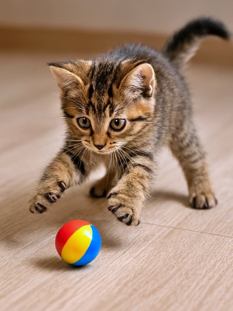「おもちゃボールに一直線!遊び心全開のトラ猫ベビーが、今日の主役」A lively tabby kitten with wide golden eyes and perked ears pounces on a colorful toy ball, its paw extended mid-play on a light wooden floor, captured from a slightly elevated angle. 明るい木の床でカラフルなおもちゃボールに飛びかかる元気なトラ柄子猫。丸い目と立った耳が遊びに集中している様子を、少し高い角度から撮影