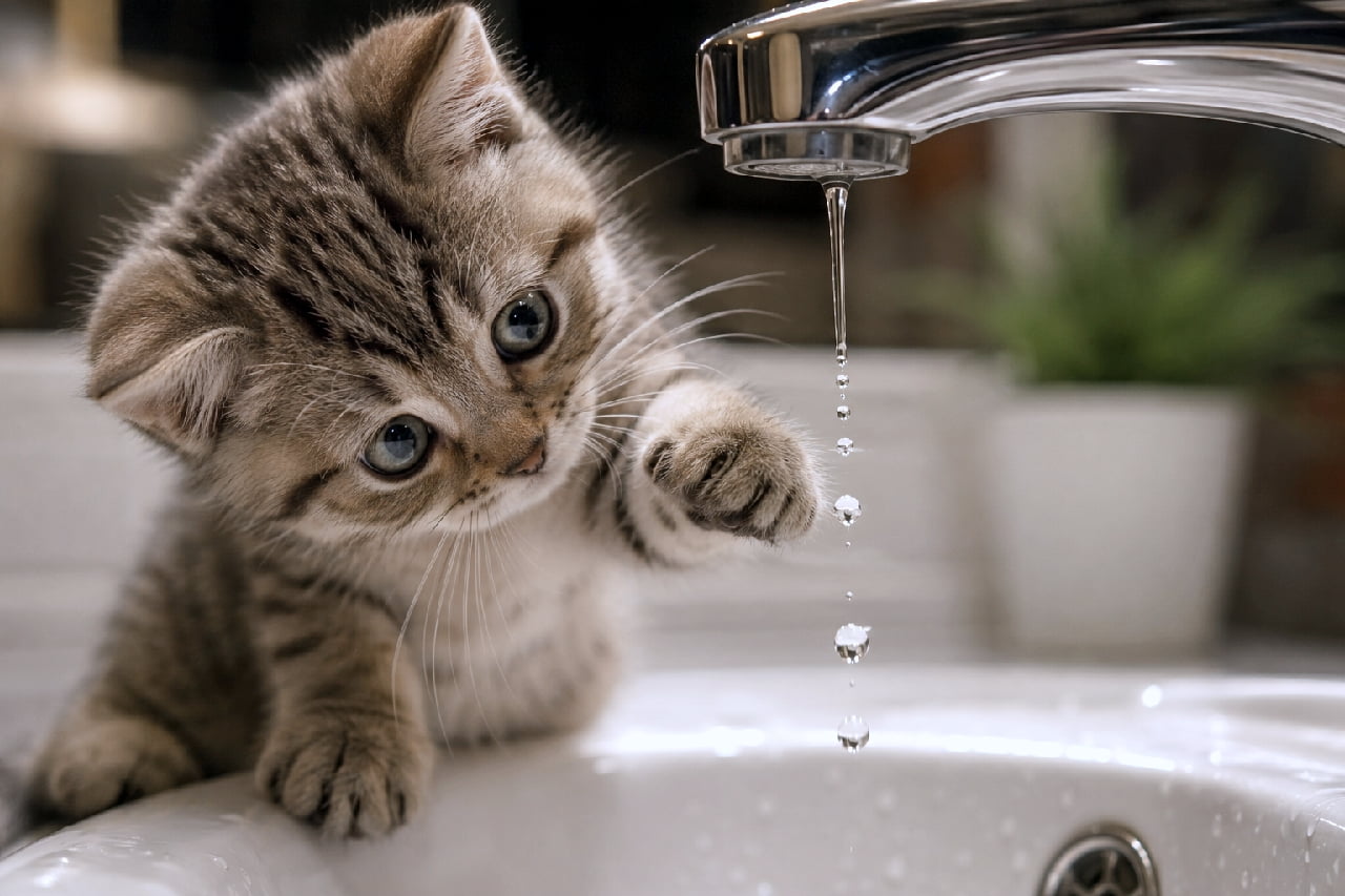 「お水、つかまえられないニャ〜💦 蛇口と格闘する真剣なお顔が可愛すぎてずっと見てられる🥺 #水遊び #子猫 #子猫のいる暮らし #子猫」Ultra-realistic high-quality photograph of an adorable round-faced tabby kitten reaching its little paw to catch water drops suspended mid-air falling from a chrome faucet. The sharp focus on the water and the kitten's intense expression create a stunningly cinematic moment. ピカピカに磨かれたシルバーの蛇口からポタポタと落ちる水滴に向かって、短い前足を伸ばして必死に捕まえようとする丸顔のキジトラ子猫。少し首を傾げた真剣な表情と、空中で静止した水滴の透明感、背景の観葉植物の柔らかなボケ味が、芸術的で美しい日常の一瞬を見事に捉えています