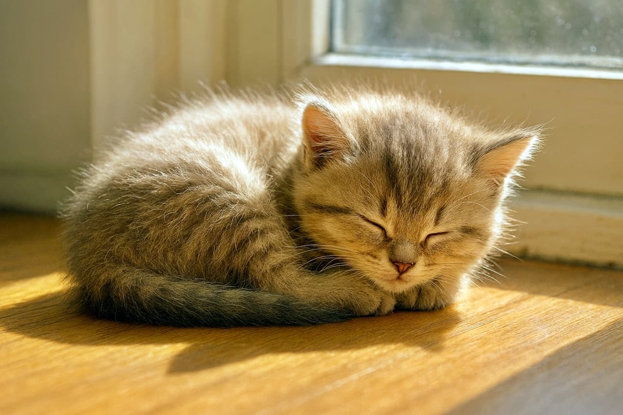 「おひさまのぬくもりに包まれて、すやすやお昼寝中の子ねこ。見てるだけで心がほぐれる癒しのワンシーン」A fluffy light brown tabby kitten curled up and sleeping peacefully in a sunbeam on a hardwood floor by a window, with warm sunlight highlighting its soft fur and closed eyes. ふわふわの薄茶色のトラ猫が窓辺の木の床で丸くなって眠っており、やさしい日差しが柔らかな毛並みと閉じた瞳を照らしている