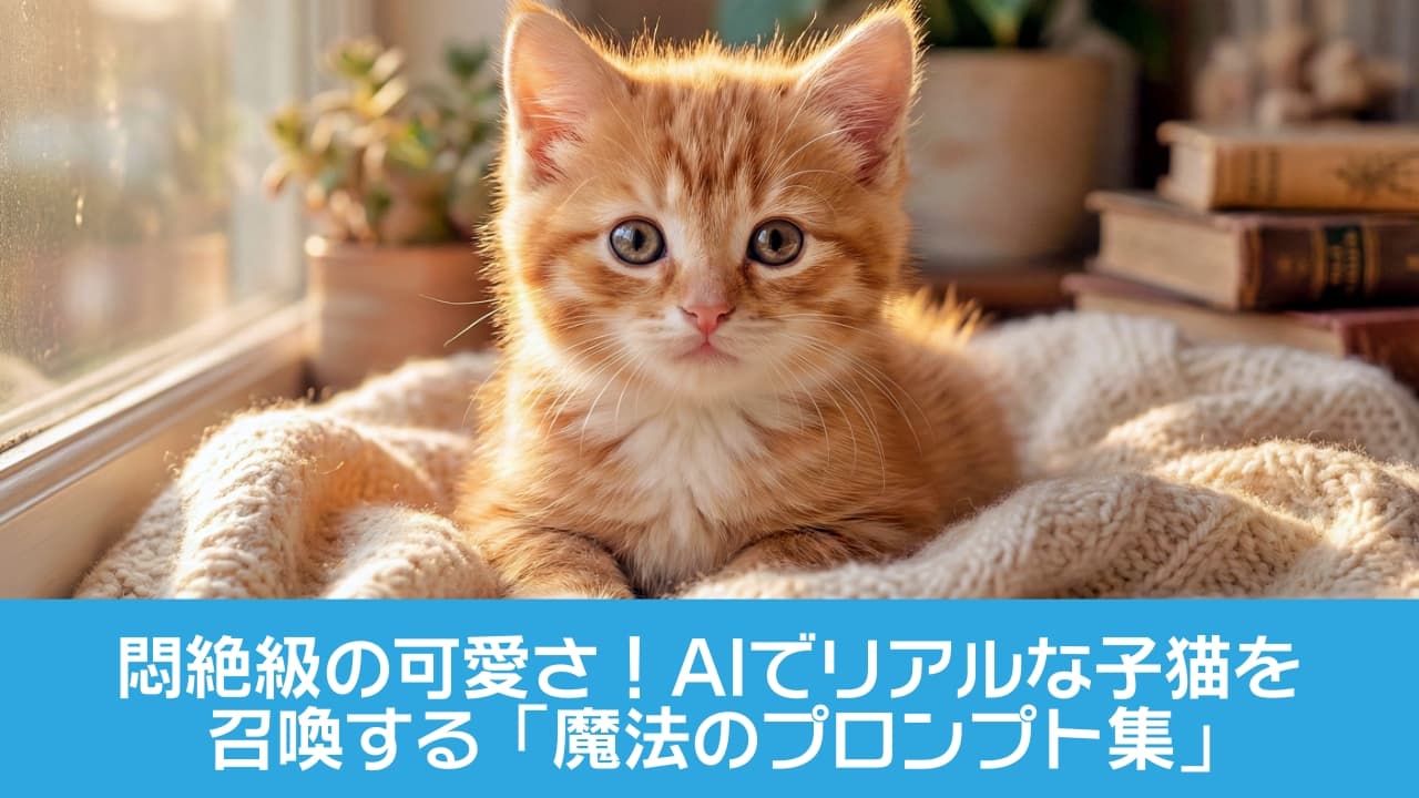 「窓辺のまどろみ、好奇心はいつも光の中」An orange tabby kitten with white markings sits on a knitted blanket by a sunlit window, surrounded by vintage books and potted plants. 白い模様のあるオレンジタビーの子猫が、日差しの差す窓辺の毛布の上でこちらを見つめている。周囲には古書と植物